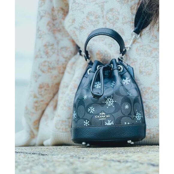 Coach CE587 Dempsey Drawstring Bucket Bag 15 With Snowflake Print Silver/Graphit - Picture 9 of 9